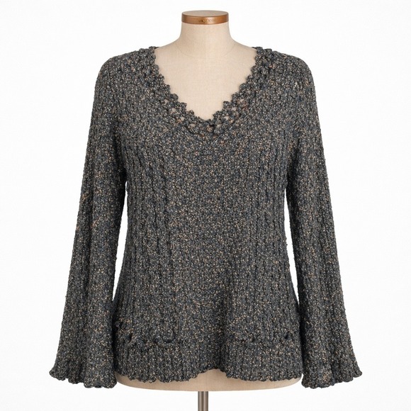 Tivoli Sweaters - Tivoli Wool Black Gray Crochet Lace V Neck Sweater L Whimsigoth Grunge Goblin